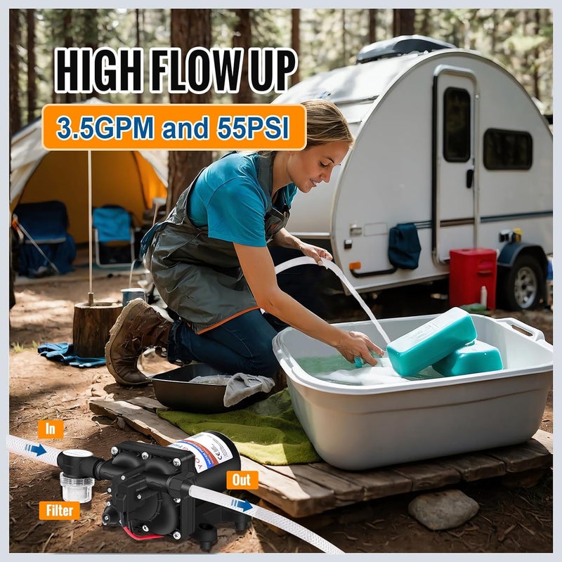 YoungTree 12V RV Water Pump 3.5GPM 55PSI On Demand Fresh Water Pressure Diaphragm Pump 12 Volt Self Priming with Pressure Switch for RV Camper Marine Sprayer Outdoor Shower Kitchen Garden - Image 3